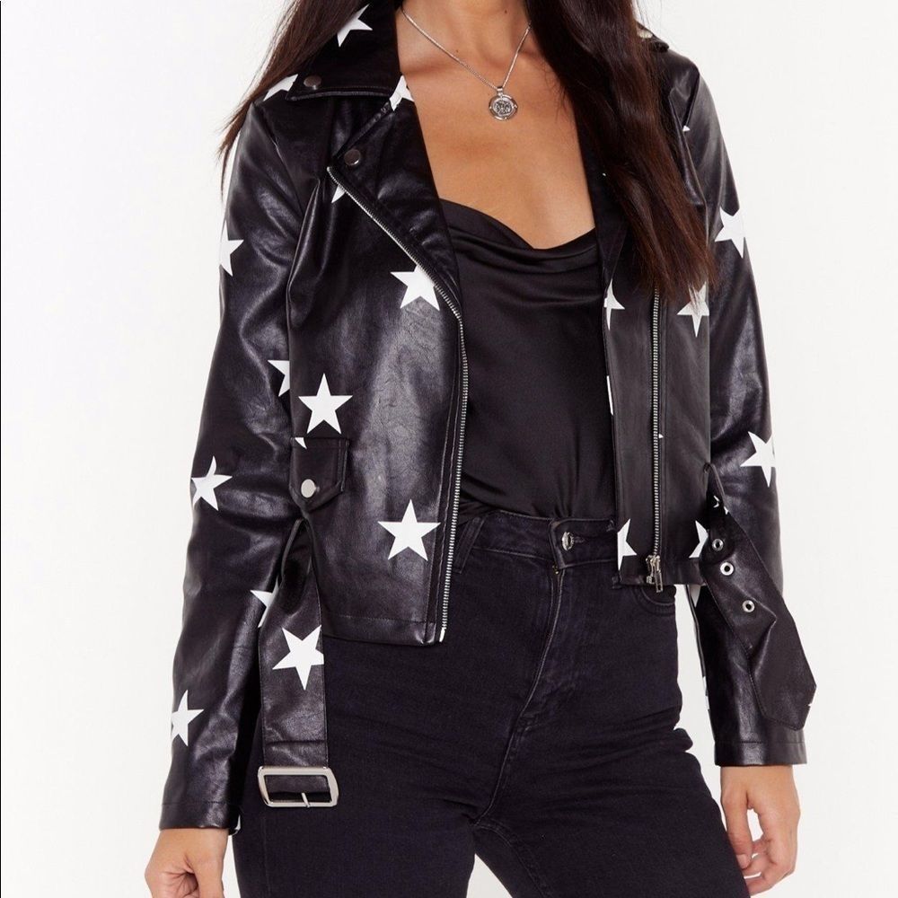 S-XL 🌟STARLIGHT🌟 Backstage Vegan Leather Star Embellished Biker Moto Jacket
